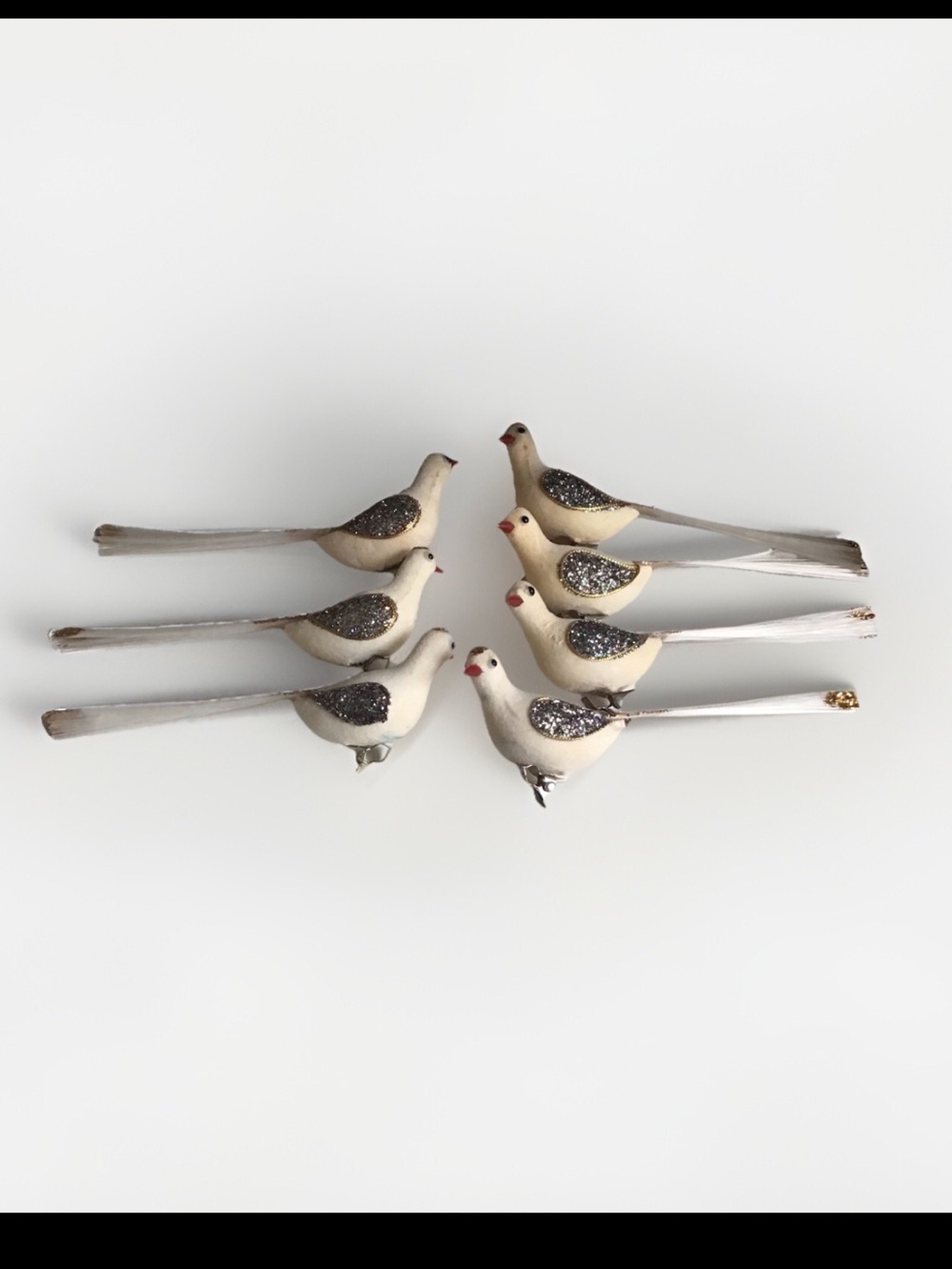 Vintage 1950s Flocked Glitter Clip on Bird Ornaments (Japan)